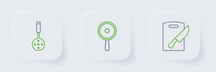 Set line Cutting board and knife, Frying pan and Spatula icon. Vector