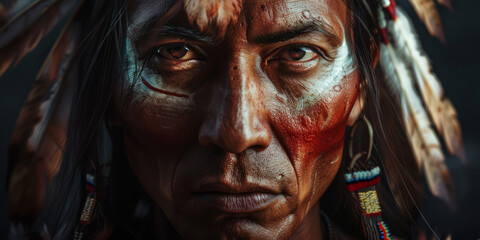 An intricately detailed Native American headdress emerges from the dark backdrop reflecting cultural heritage