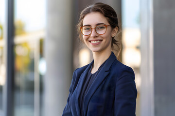 Young happy pretty smiling professional business woman standing outdoor on street arms crossed
