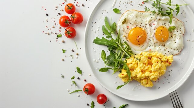 scrambled eggs and assorted vegetarian breakfast items arranged on a plain white plate, leaving ample empty space around for text or captions.