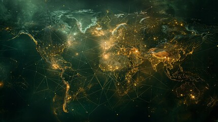 Glowing world map on dark background. Globalization concept. Communications network map of the world. Technological futuristic background. World connectivity and global networking concept - obrazy, fototapety, plakaty