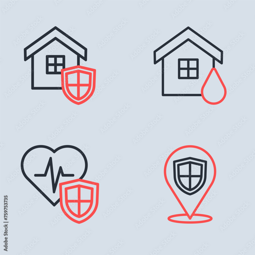 Wall mural Set line House flood, Life insurance with shield, Location and icon. Vector