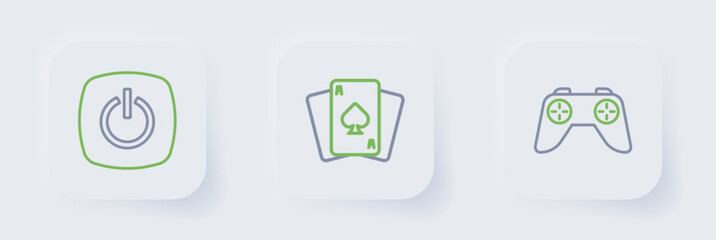 Set line Game controller or joystick, Playing cards and Power button icon. Vector