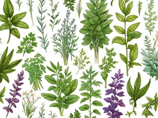 Floral collection clip art with various green and purple flowers herbs and plants, non seamless texture