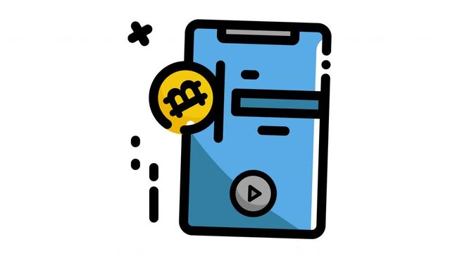 Mobile Bitcoin Currency animation cartoon cell phone with bitcoin. Suitable for cryptocurrency websites, financial blogs, and technology articles needing a modern touch.