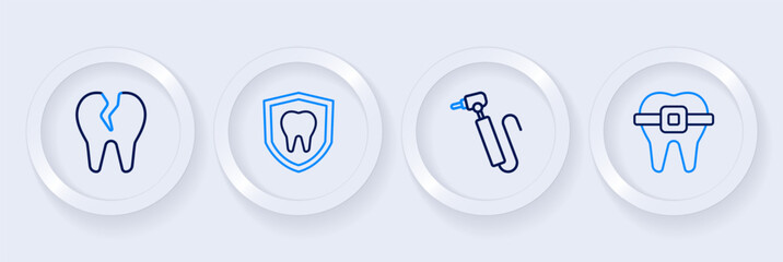Set line Teeth with braces, Tooth drill, Dental protection and Broken tooth icon. Vector