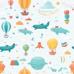 Whimsical childrens seamless pattern with flying whales, air balloons, and rainbows