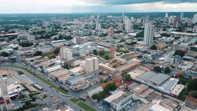 Aerial city scape at sunset in summer in central Cuiaba Mato Grosso