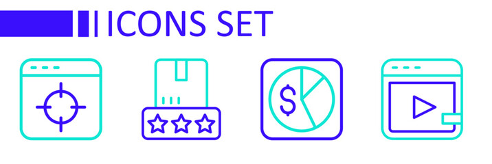 Set line Video advertising, Market analysis, Consumer product rating and Target financial goal icon. Vector