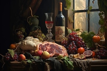 Rustic still life with an abundance of fruits, vegetables, and meat in a medieval knightly style © Mikhail Vorobev