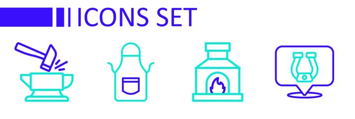 Set line Horseshoe, Blacksmith oven, apron and Anvil and hammer icon. Vector