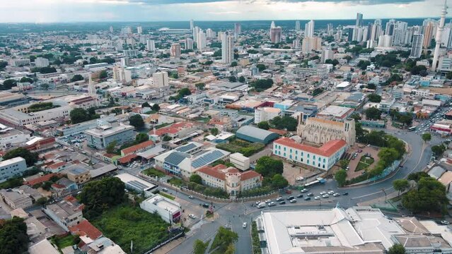 Aerial city scape at sunset in summer in central Cuiaba Mato Grosso
