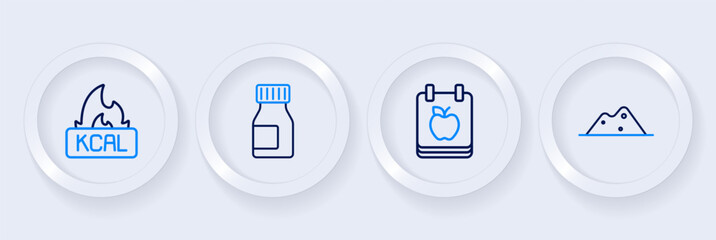 Set line Salt, Diet plan, Vitamins and Kcal icon. Vector