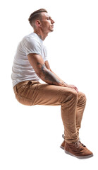 An Isolated sitting handsome young man wearing a white shirt and a salmon red chino trousers, cutout on transparent background, ready for architectural visualisation.	
