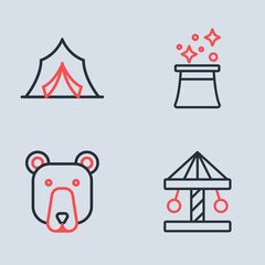 Fototapeta premium Set line Magician hat, Bear head, Attraction carousel and Circus tent icon. Vector