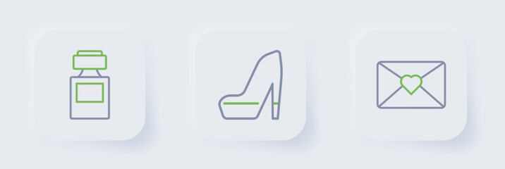 Set line Envelope with 8 March, Woman shoe and Perfume icon. Vector