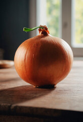 Onion on Wooden Table. Onion on Wooden Table. An onion sits prominently on top of a sturdy wooden table.