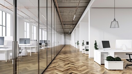 A modern office with glass partitions creating workspaces.