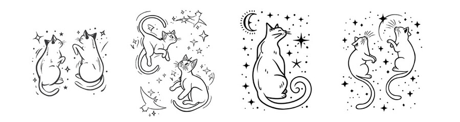 Collection of PNG. Line art tattoo designs of cats isolated on a transparent background.