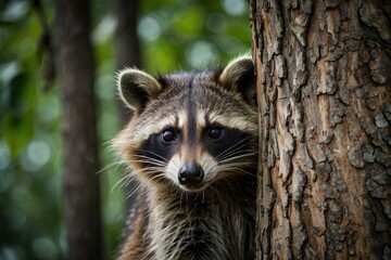 a curious raccoon peering out from behind a tree