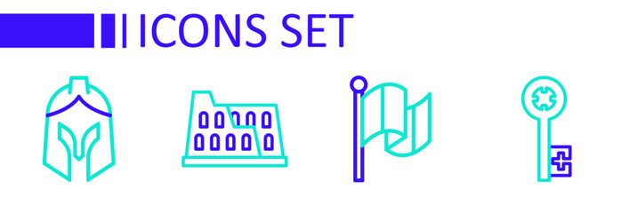 Set line Old key, Flag Italy, Coliseum and Roman army helmet icon. Vector