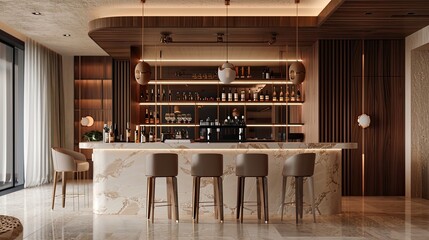 Western kitchen and bar area in a realistic photograph. Highlight the clean lines, neutral palette, and spacious layout characteristic of minimalist design.