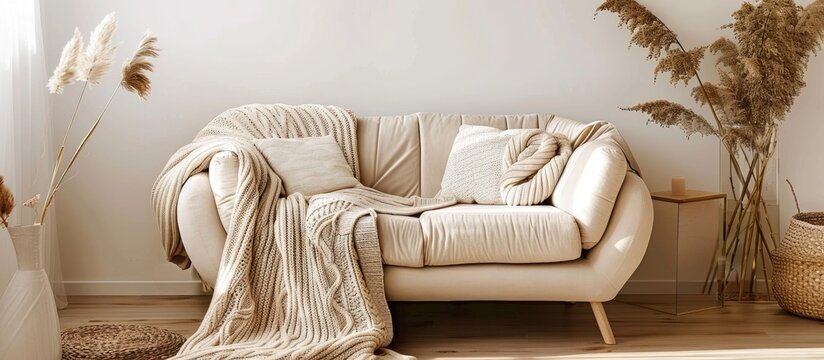 Stylish sofa with cozy blanket in a room. Interior design inspiration.