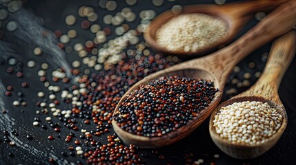 Red, black and white quinoa grains in a wooden spoon. Healthy food background. - obrazy, fototapety, plakaty