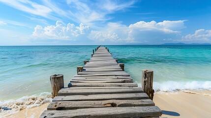 Wooden pier leading to the ocean with a white sand beach tropical island background.