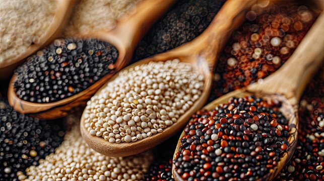 Red, black and white quinoa grains in a wooden spoon. Healthy food background.