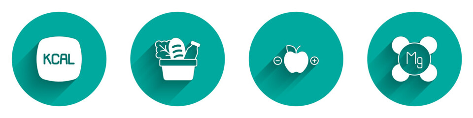 Set Kcal, Shopping bag and food, Calorie calculator and Magnesium icon with long shadow. Vector