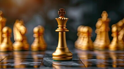 leadership and courage in business competition with a realistic photograph featuring a golden King chess piece standing out from the crowd of other chess pieces.