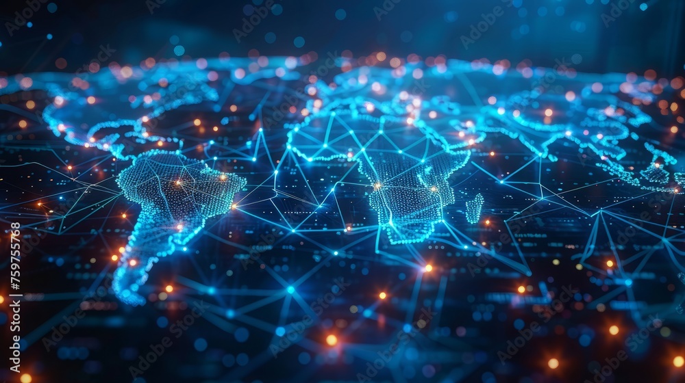 Wall mural glowing world map on dark background. globalization concept. communications network map of the world