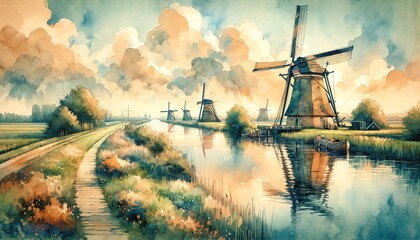 Watercolor landscape of Kinderdijk, Netherlands - obrazy, fototapety, plakaty