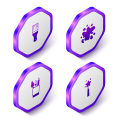 Set Isometric Paint brush, spray, Pencil case stationery and Magic wand icon. Purple hexagon button. Vector