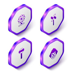 Set Isometric Ferris wheel, Pinwheel toy, Lollipop and Clown head icon. Purple hexagon button. Vector