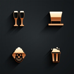 Set Bowling pin, Cylinder hat, Clown head and Popcorn cardboard box icon with long shadow. Vector