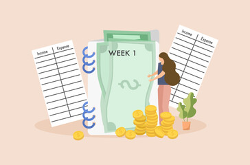 Flat design of cash stuffing vector, money stuffing in envelope vector, woman is saving money vector, budget planning vector, woman is planning on weekly budget, income and expense management.