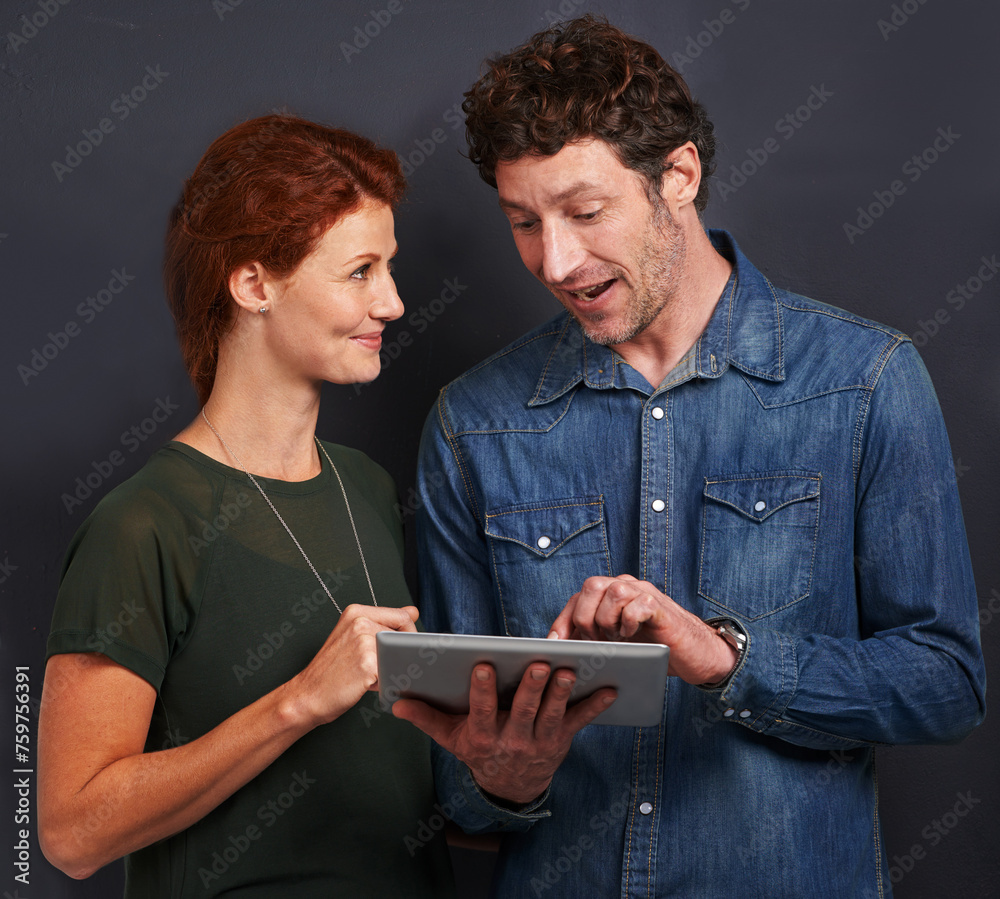 Poster tablet, man and woman in studio together with casual style, connection and networking for creative p