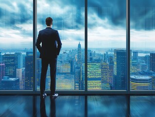 Fototapeta na wymiar A businessman gazes out a high-rise office onto an urban skyline, embodying corporate strategy and success.