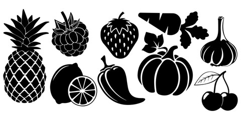 Silhouettes of fruits and common fruits. Vector set of pineapple, pumpkin, lemon, strawberry, etc.