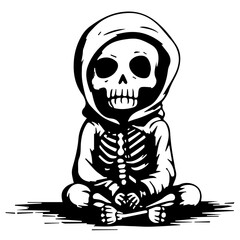 The skeleton sits in a hood. Black and white illustration of a skeleton.