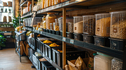 A zero waste grocery store with bulk containers, reusable containers and environmentally friendly packaging options. The concept of ecological consciousness and sustainable development - obrazy, fototapety, plakaty