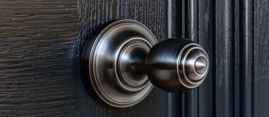 Aluminum doorknob on black wooden door for interior design. - obrazy, fototapety, plakaty