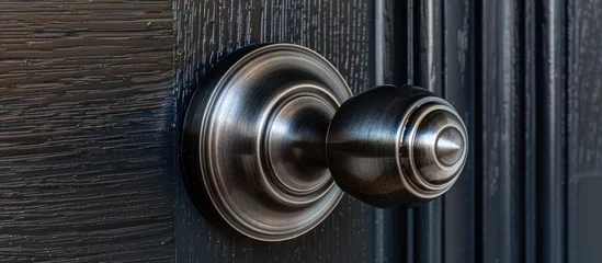 Papier Peint photo Vielles portes Aluminum doorknob on black wooden door for interior design.