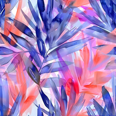 A vibrant painting of colorful leaves in a seamless pattern on a white background. The art features tints and shades of electric blue, petallike shapes, and creative use of feather textures