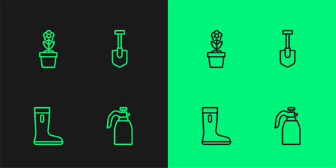 Set line Garden sprayer for water, Waterproof rubber boot, Flower in pot and Shovel icon. Vector