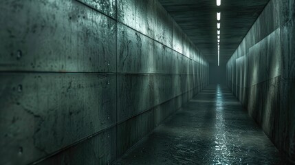 an underground concrete corridor, emphasizing intricate details and a foreboding ambiance that hints at the unknown.