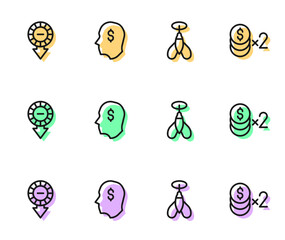 Set line Dart arrow, Casino chips, Lucky player and with dollar icon. Vector