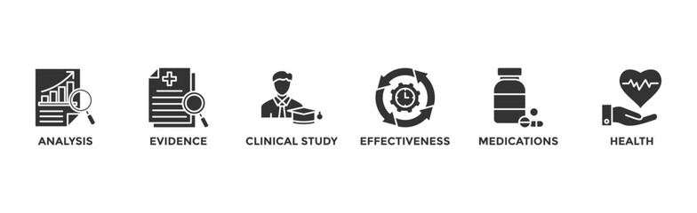 Clinical research banner web icon vector illustration concept with icon of analysis, evidence, clinical study, effectiveness, medications and health	 - obrazy, fototapety, plakaty